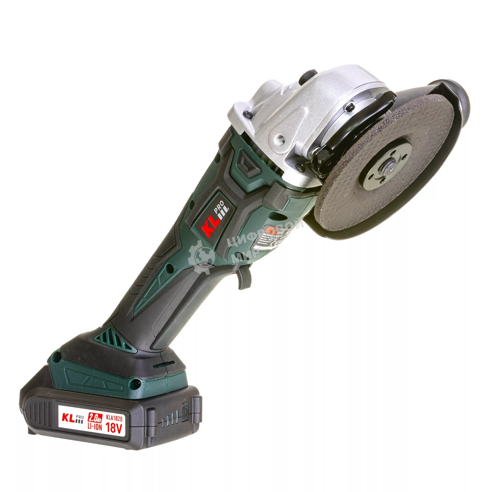 Угловая шлифовальная машина бесщеточная (болгарка) аккумуляторная KLPRO KLAT18B-20 (18В, Li-ion-2шт, 2.0Ач, 115мм, М14, 8500 об/мин З/У,сумка)
