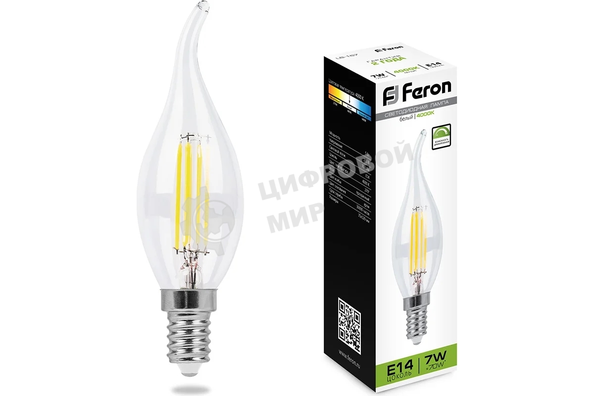Лампа светодиодная Feron LB-167 (25873) 7 вт Е14 белый свеча на ветру FILAMENT диммируемая