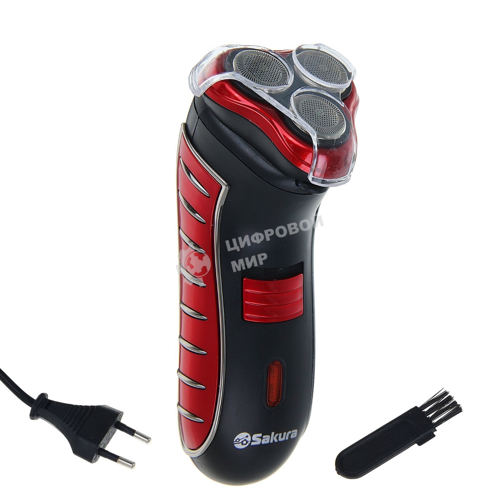 Электробритва Sakura SA-5414RB красно-черный(Бритва электрическая, сухое бритье, работа от аккумулятора. 3 бреющие головки. Индикатор заряда батарейки. Защитная крышка. Щеточка для очистки.)