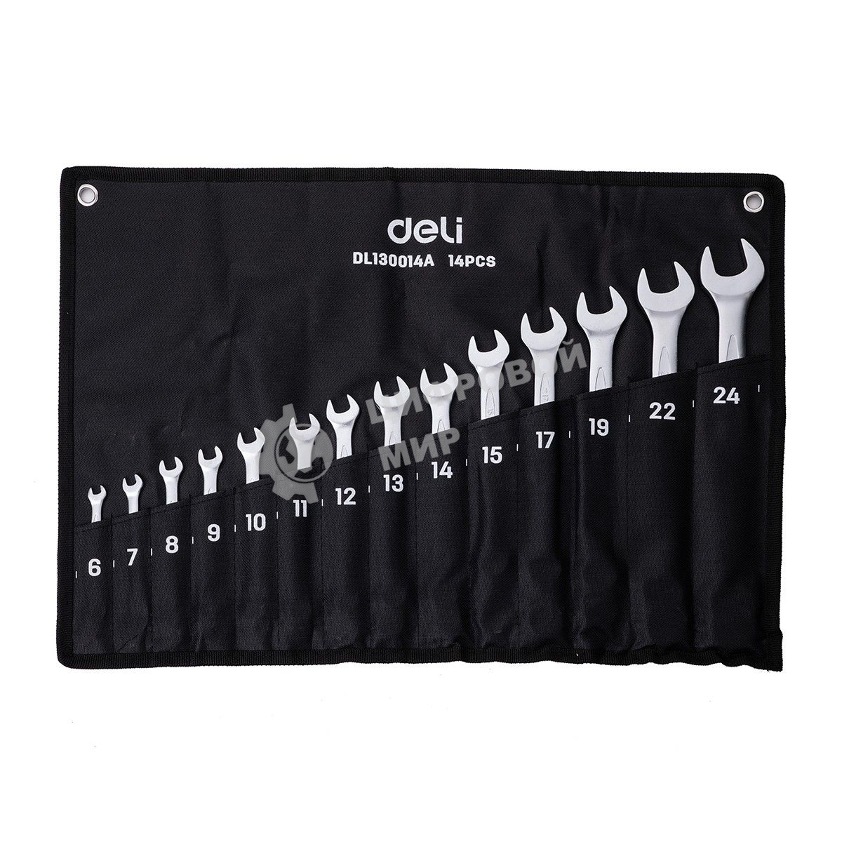 Набор комбинированных гаечных ключей 14 шт Deli DL130014A Спецификация: 6,7,8,9,10,11,12,13,14,15,17,19,22,24 мм. Матовая хромированная поверхность. Тканевая упаковка.