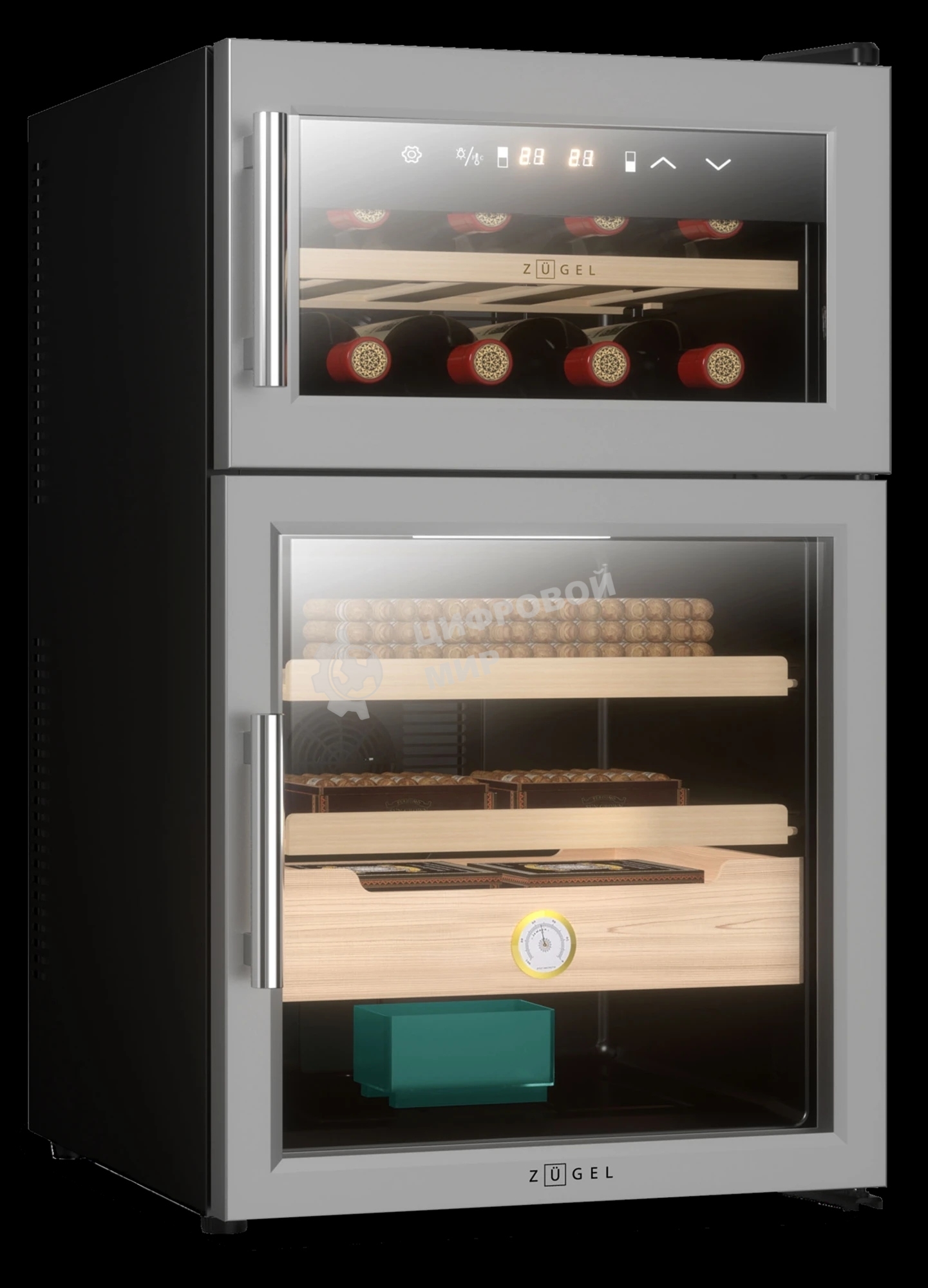 Винный шкаф-хьюмидор ZÜGEL ZTH80DX черный, 70 л, 2 отсека, 8 бут.