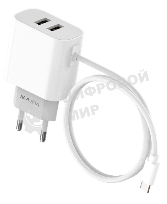 Сетевое зарядное устройство Maxvi CHL-242T 2.4A, with Type-C cable, 2хUSB-A, белый