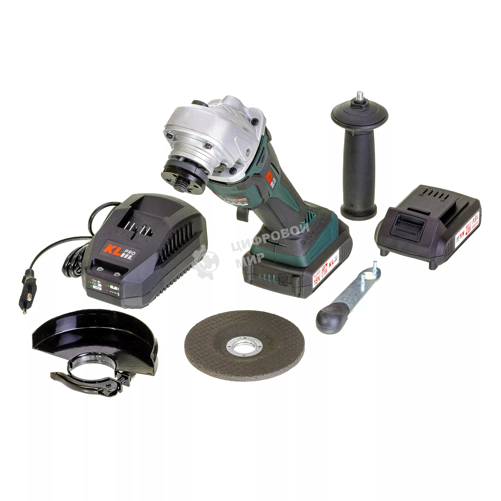 Угловая шлифовальная машина бесщеточная (болгарка) аккумуляторная KLPRO KLAT18B-20 (18В, Li-ion-2шт, 2.0Ач, 115мм, М14, 8500 об/мин З/У,сумка)