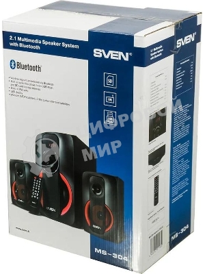 Колонки SVEN AC MS -304, черный Акустическая система, беспроводная передача сигнала по Bluetooth, суммарная мощность (RMS), Вт - 40, выходная мощность (RMS), Вт - сабвуфер: 20, сателлиты: 20 (2 х10), частотный диапазон, Гц - сабвуфер: 40 – 150, сателлиты: 150 – 20 000, размеры динамиков, мм - сабвуфер: O 128, воспроизведение с USB flash и SD card памяти, встроенное FM-радио, LED-дисплей, пульт ДУ, материал корпуса сабвуфера и сателлитов – дерево (MDF).