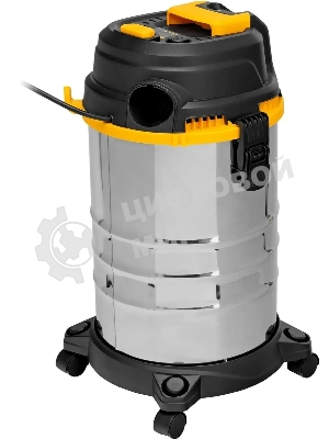 Строительный пылесос Denzel RVC30 серебристый, 1400 Вт, уборка сухая/сбор воды/выдув, пылесборник мешок, 30 л