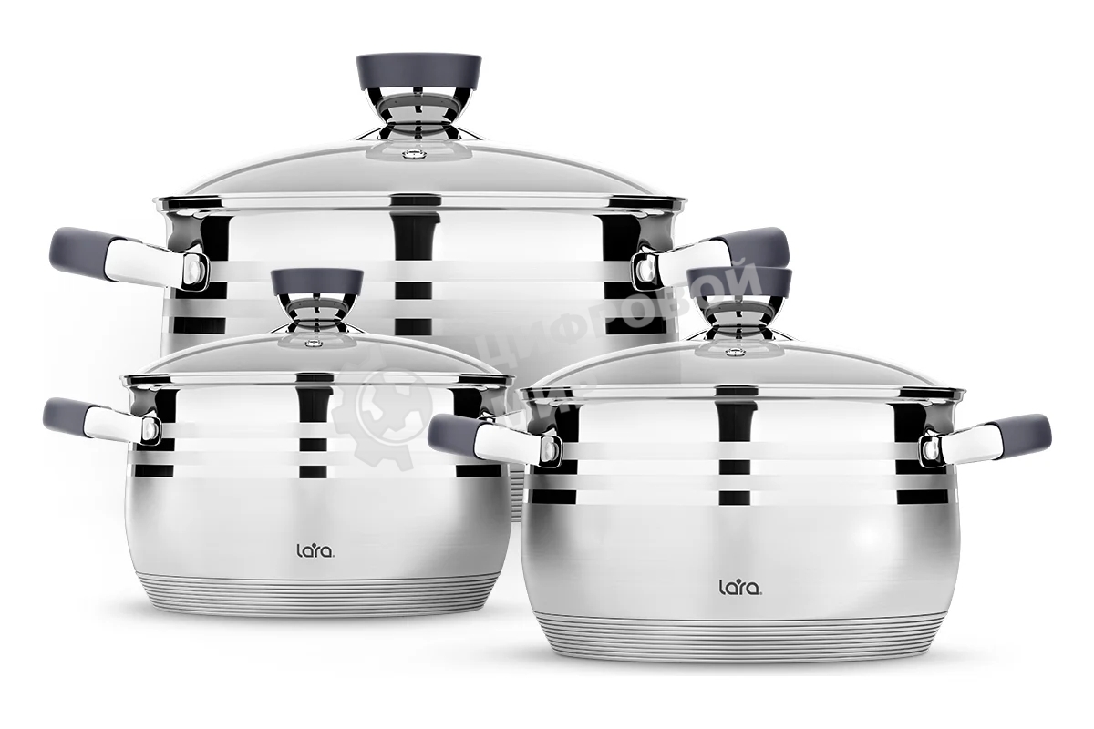 Набор посуды Lara LR02-121 Mercury 2.1 л, 2.9 л, 4.9 л, 16/18/22 см, нержавеющая сталь AISI 201