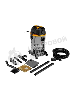 Строительный пылесос Denzel RVC30 серебристый, 1400 Вт, уборка сухая/сбор воды/выдув, пылесборник мешок, 30 л