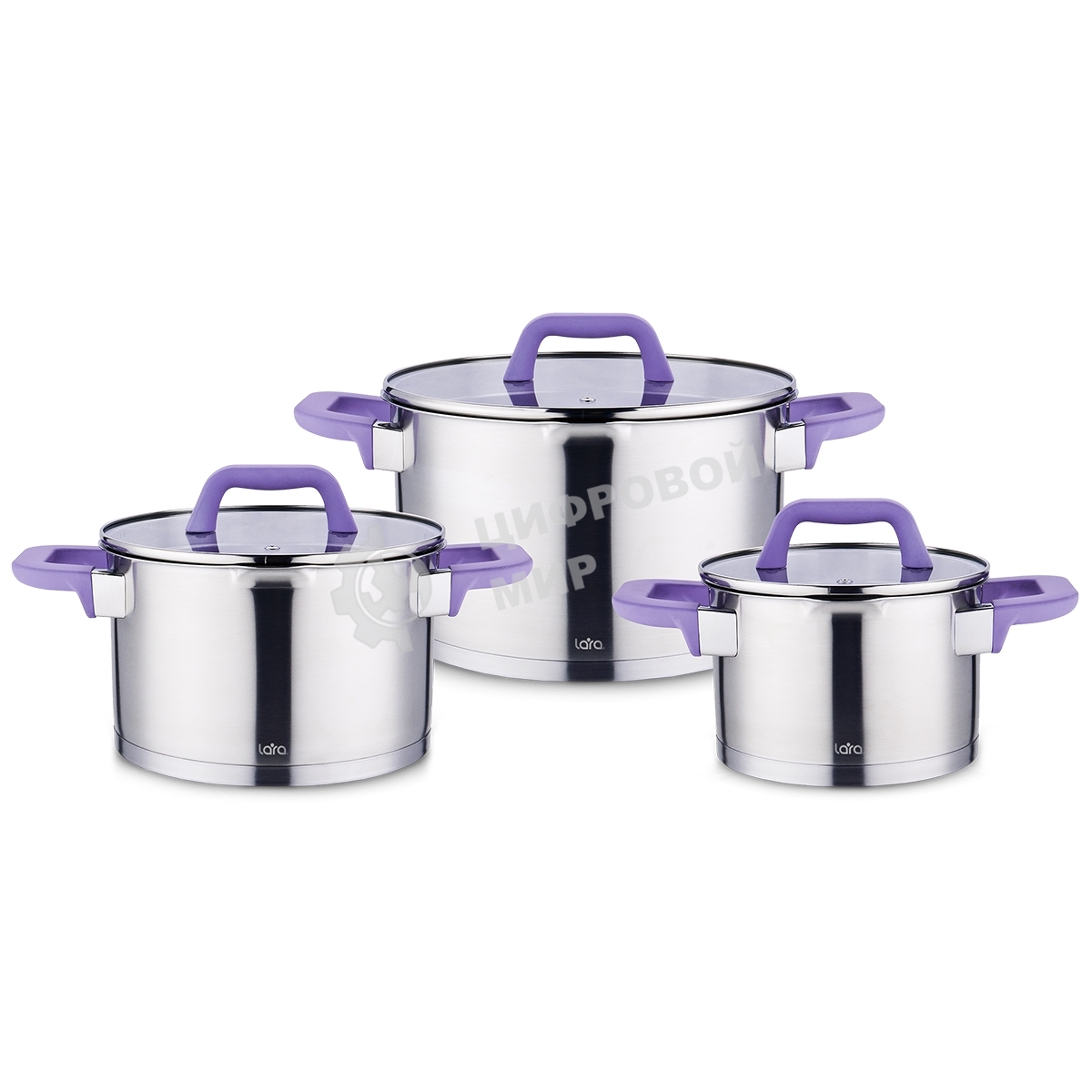 Набор посуды Lara LR02-126 Лаванда 2, 3.8, 6.4 л, нержавеющая сталь, индукционное 5-ти ступ. капс. дно