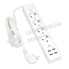 Сетевой фильтр Cablexpert Exnovo EXN-4-U4-W-2, 4 р, 16А, 4хUSB, 3.4A, 2 м, ур.защиты 4+, белый, коробка