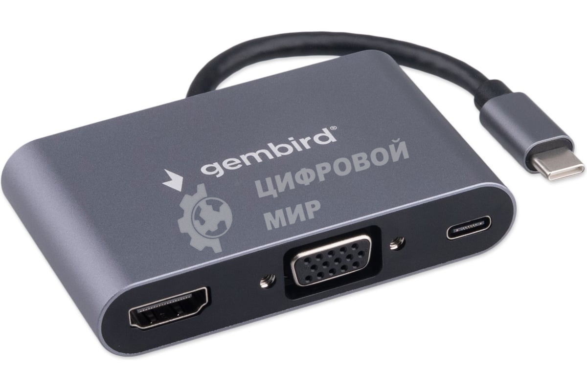 USB-концентратор Gembird UHB-D8, USB Type-C, PD100W, Jack 3,5, HDMI, VGA, USB Type-C