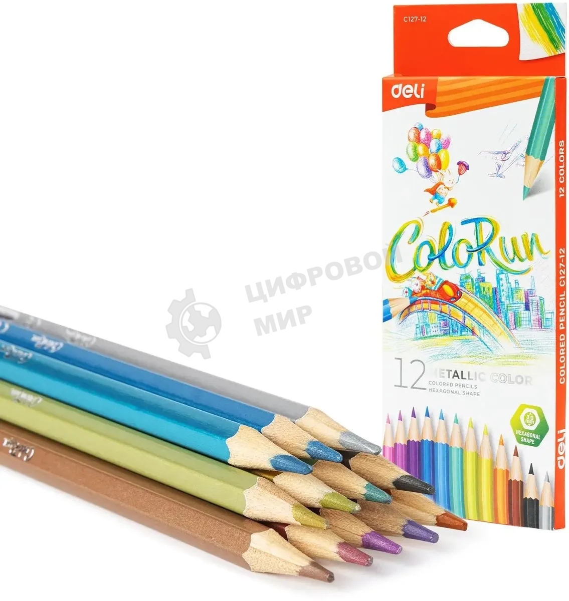Карандаши цветные Deli EC127-12 ColoRun, шестигранный профиль, дерево 12 цветов, коробка с европодвесом (12шт)