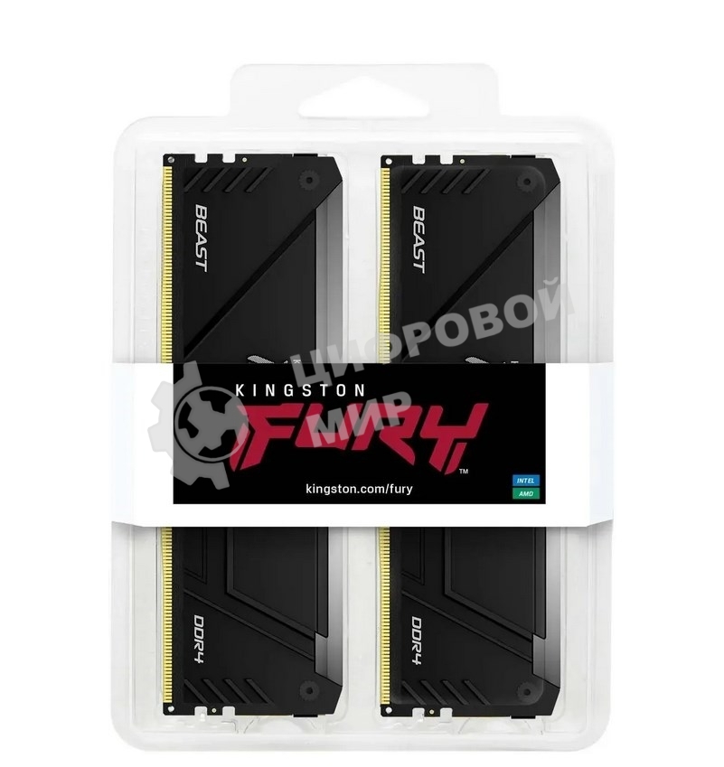 Оперативная память Kingston Fury Beast, DDR4, 32GB (2x16GB), 3200MHz, CL16, DIMM, с радиатором, RGB, черный