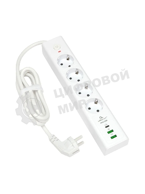Сетевой фильтр Cablexpert Exnovo EXN-4-CU2-W-2, 4 р, 16А, 1xType-C PD, 30Вт, 2хUSB, 2 м, ур.защиты 4+, белый, коробка