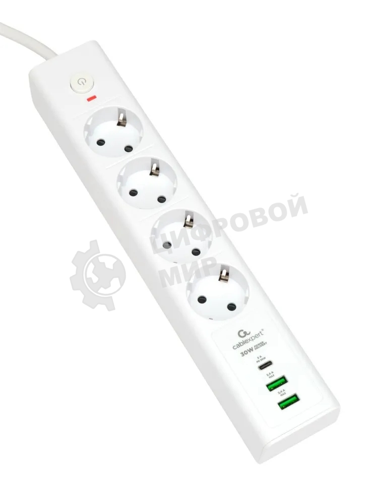 Сетевой фильтр Cablexpert Exnovo EXN-4-CU2-W-2, 4 р, 16А, 1xType-C PD, 30Вт, 2хUSB, 2 м, ур.защиты 4+, белый, коробка