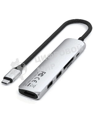 USB-концентратор Satechi 6-in-1 USB-C Slim Multiport Adapter (Type-C, HDMI, 2x Type-A, SD, microSD), до 75 Вт, Серебристый Док-станция ST-P6SS