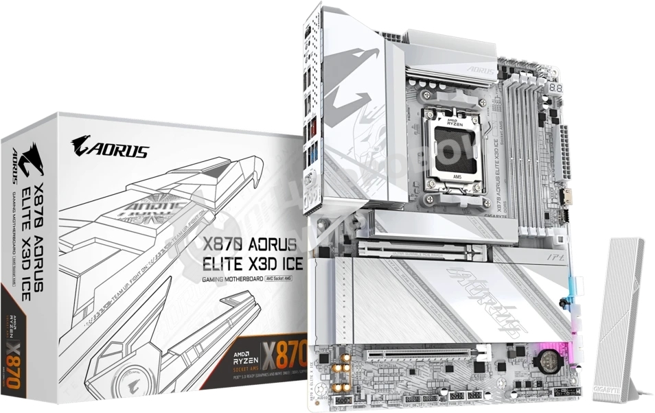 Материнская плата Gigabyte X870 AORUS ELITE X3D ICE, AM5, AMD X870, 4xDDR5, 2xSATA, 4xM.2, 1xPCIe 5.0 x16, 1xPCIe 4.0 x16, 1xHDMI, 1x5Gb LAN, Wi-Fi 7, Bluetooth 5.4, 2xUSB-C 40Gbps (USB4), 1xUSB-C 10Gbps, 2xUSB-A 10Gbps, 4xUSB-A 5Gbps, 1xUSB-A 2.0, 3x3.5 мм + S/PDIF оптический, 7.1, ATX