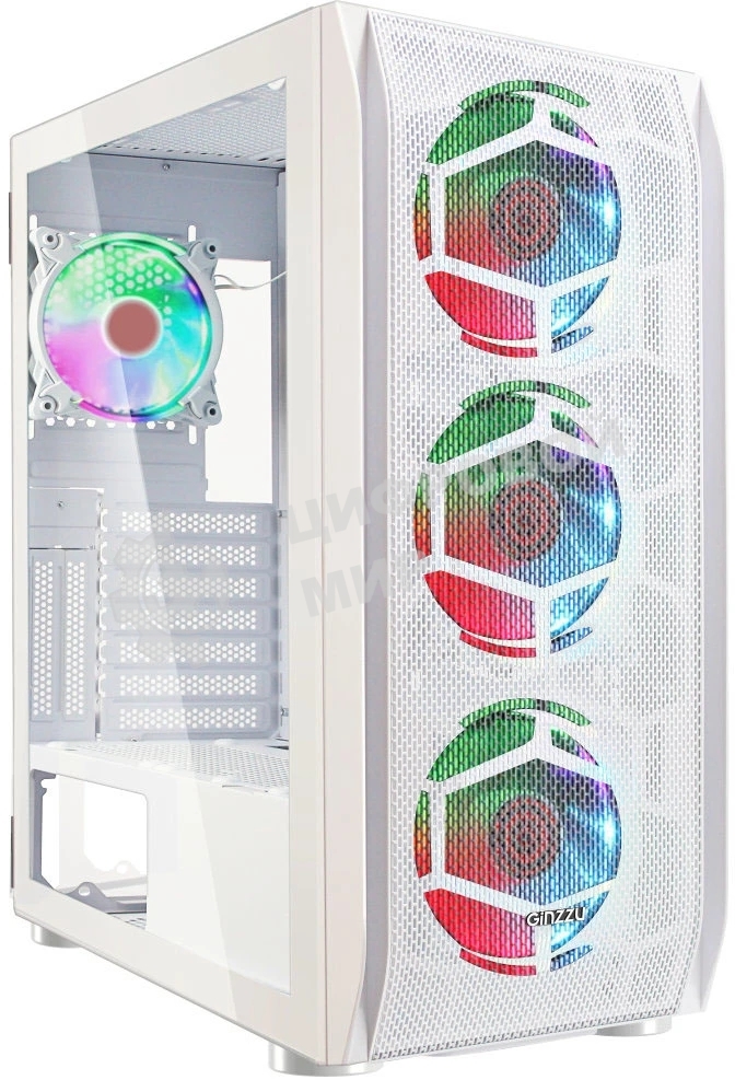Компьютерный корпус Ginzzu GL 390 боковая дверца закаленное стекло на петлях на магнитах, controller CRC10, 4* 12R6W FAN 12CM RGb белый