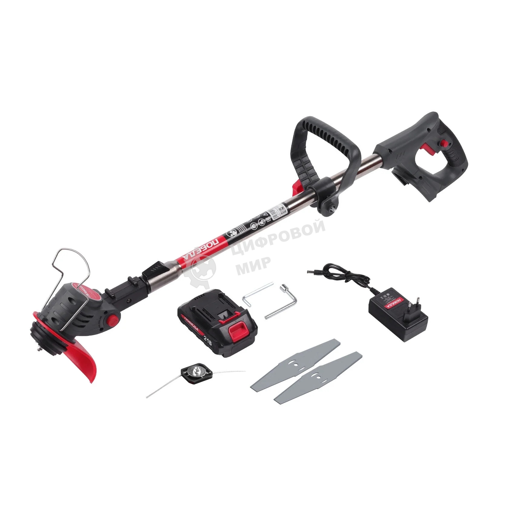 Триммер аккумуляторный Победа ТА 201 акб 21В 1,5Ач, 145мм ширина кошения, катушка и 2Т ножи