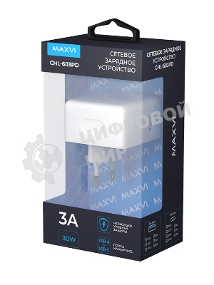 Сетевое зарядное устройство Maxvi CHL-603PD Type-C\USB 30W 6A (3A+3A) PD QC3.0, белый