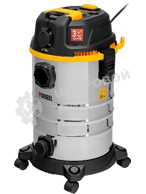 Строительный пылесос Denzel RVC30 серебристый, 1400 Вт, уборка сухая/сбор воды/выдув, пылесборник мешок, 30 л