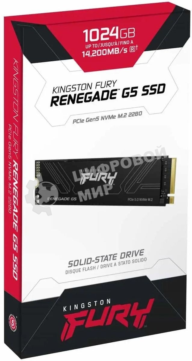 Накопитель SSD Kingston Fury Renegade, 1Tb, M.2(22x80мм), NVMe, PCIe 5.0 x4, 3D TLC, R/W 14200/11000Mb/s, IOPs 2 200 000/2 150 000, TbW 1000, DWPD 0.5 (12 мес)