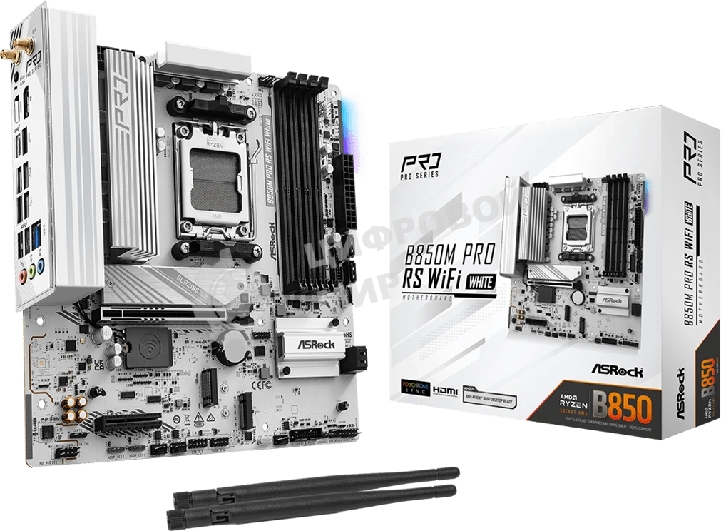 Материнская плата ASRock B850M Pro RS WiFi White, AM5, AMD B850, 4xDDR5, 4xSATA, 3xM.2, 1xPCIe 5.0 x16, 1xPCIe 4.0 x4, 1xHDMI, 1xDP, 1x2.5Gb LAN, Wi-Fi 6E, Bluetooth 5.3, 1xUSB-C 10Gbps, 1xUSB-A 10Gbps, 2xUSB-A 5Gbps, 4xUSB-A 2.0, 3x3.5 мм, 7.1, mATX