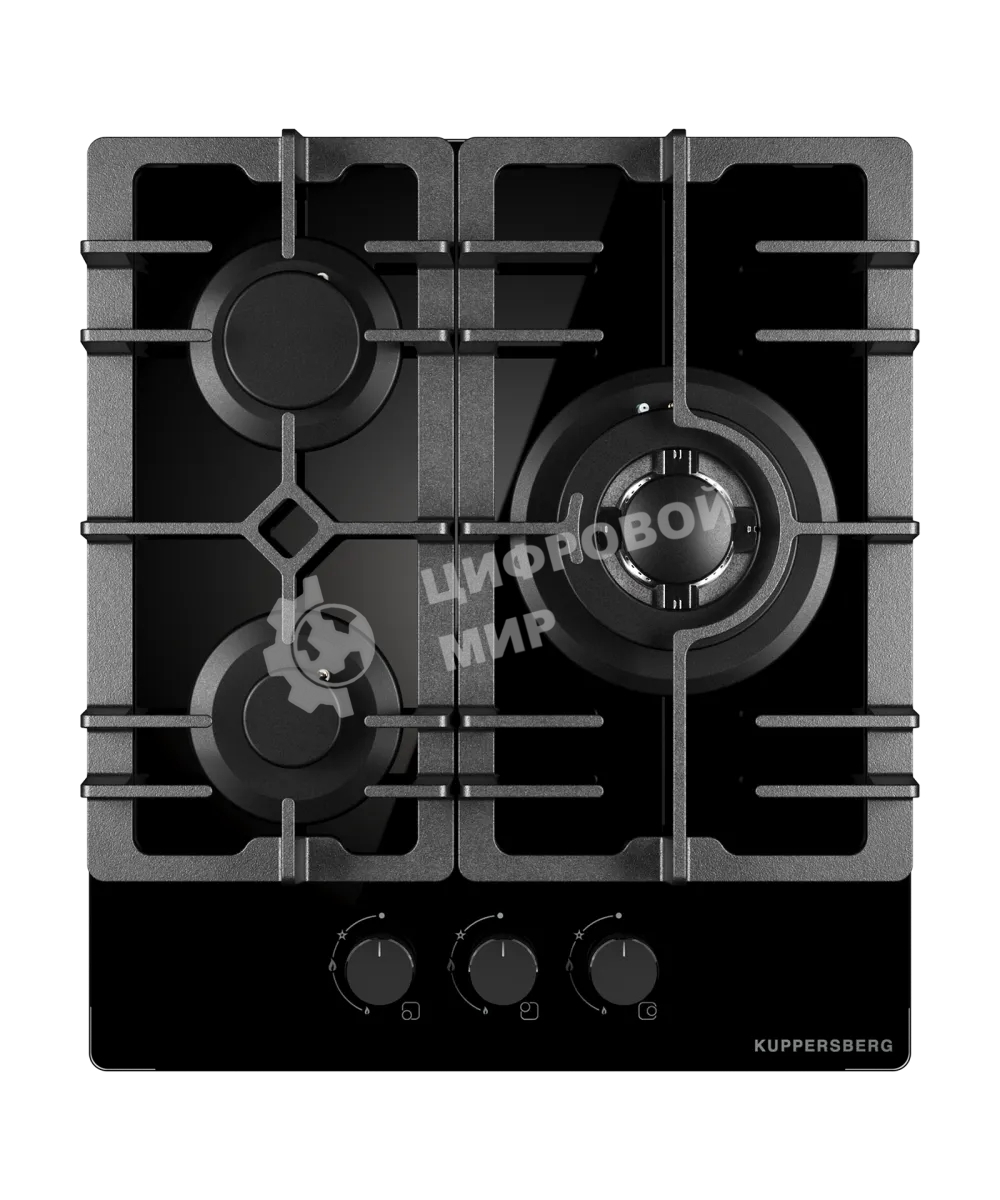 Варочная поверхность Kuppersberg FG 41 B, газ, High-Tech, 45 см, автоматический электроподжиг, газ-контроль, форсунки под сжиженый газ, SABAF конфорки, WOK конфорка, чугунные решетки, цвет черный, цвет фурнитуры черный