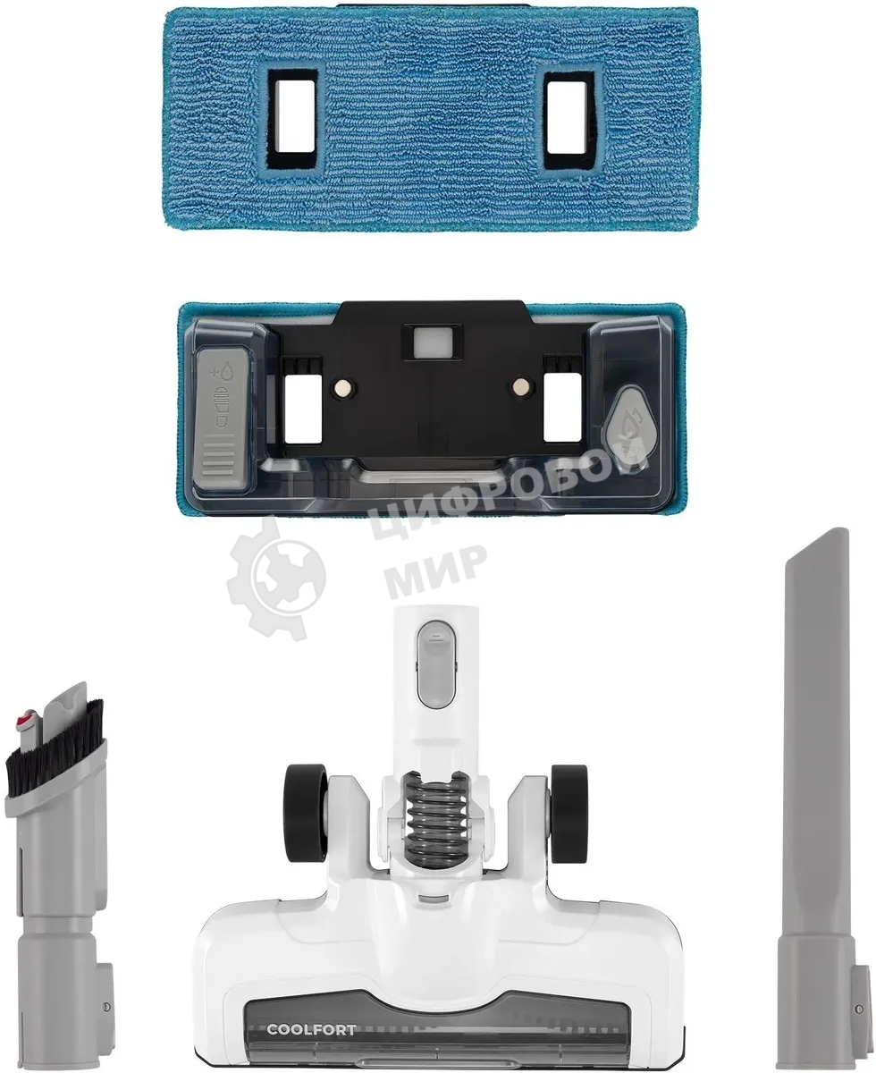 Пылесос вертикальный Coolfort CF-3004 белый, питание от аккумулятора, 150 Вт, уборка сухая/влажная, пылесборник 0,5 л, работа от АКБ max 30 мин.