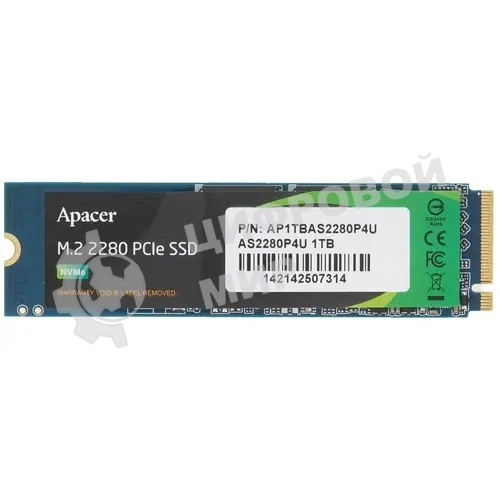 Накопитель SSD Apacer AS2280P4U, 1Tb, M.2 2280, PCIe 3.0 x4, NVMe, R/W 3500/3000