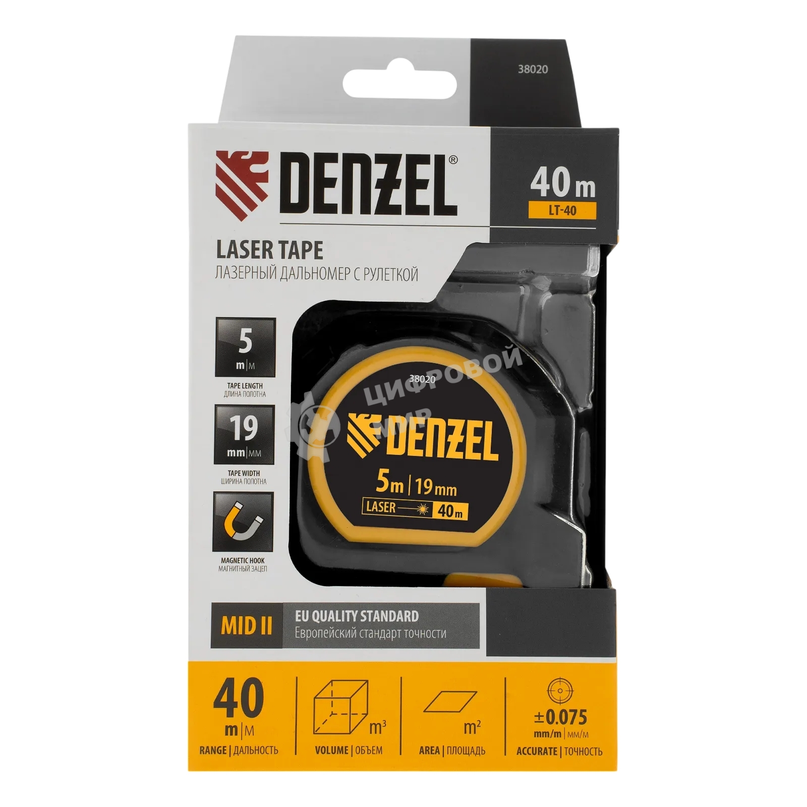 Лазерный дальномер с рулеткой Denzel LT-40, 5м x 19 мм, дальномер 40м, автомат. фиксация