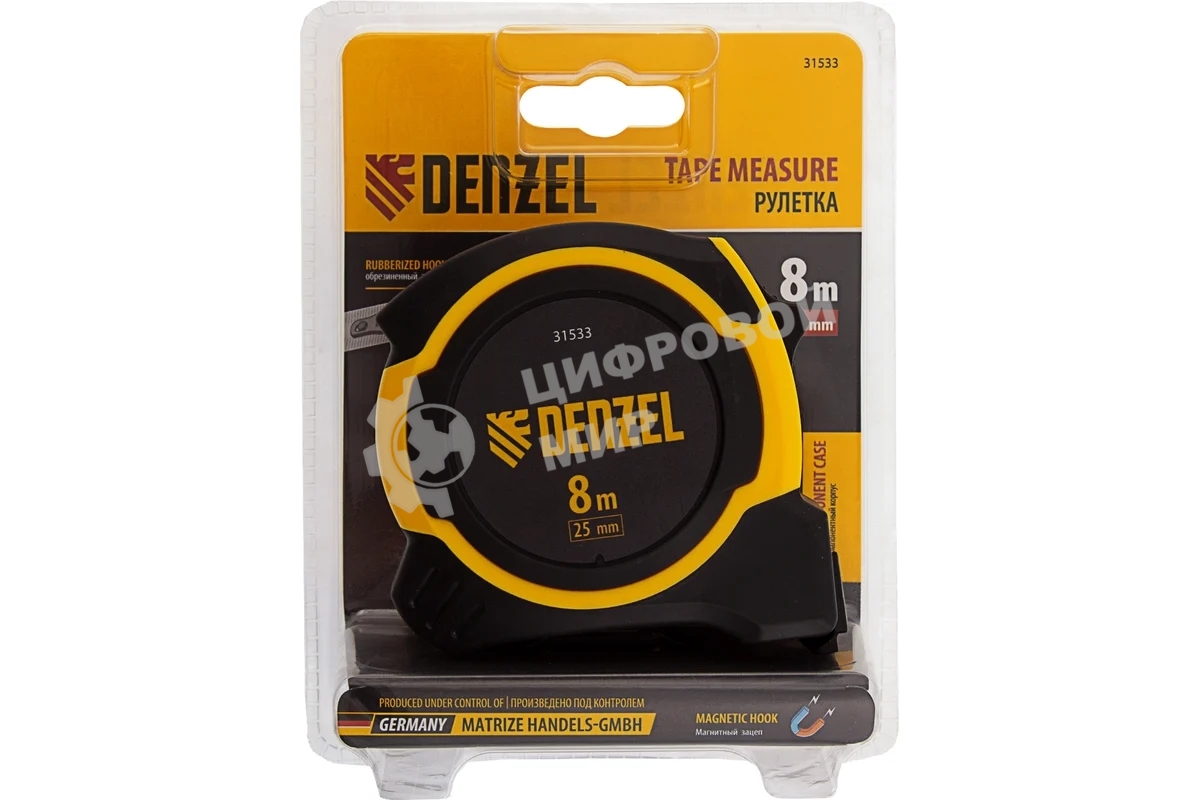 Рулетка Denzel 8м х 25мм, двухкомп. корпус, магнитный обрезиненный зацеп