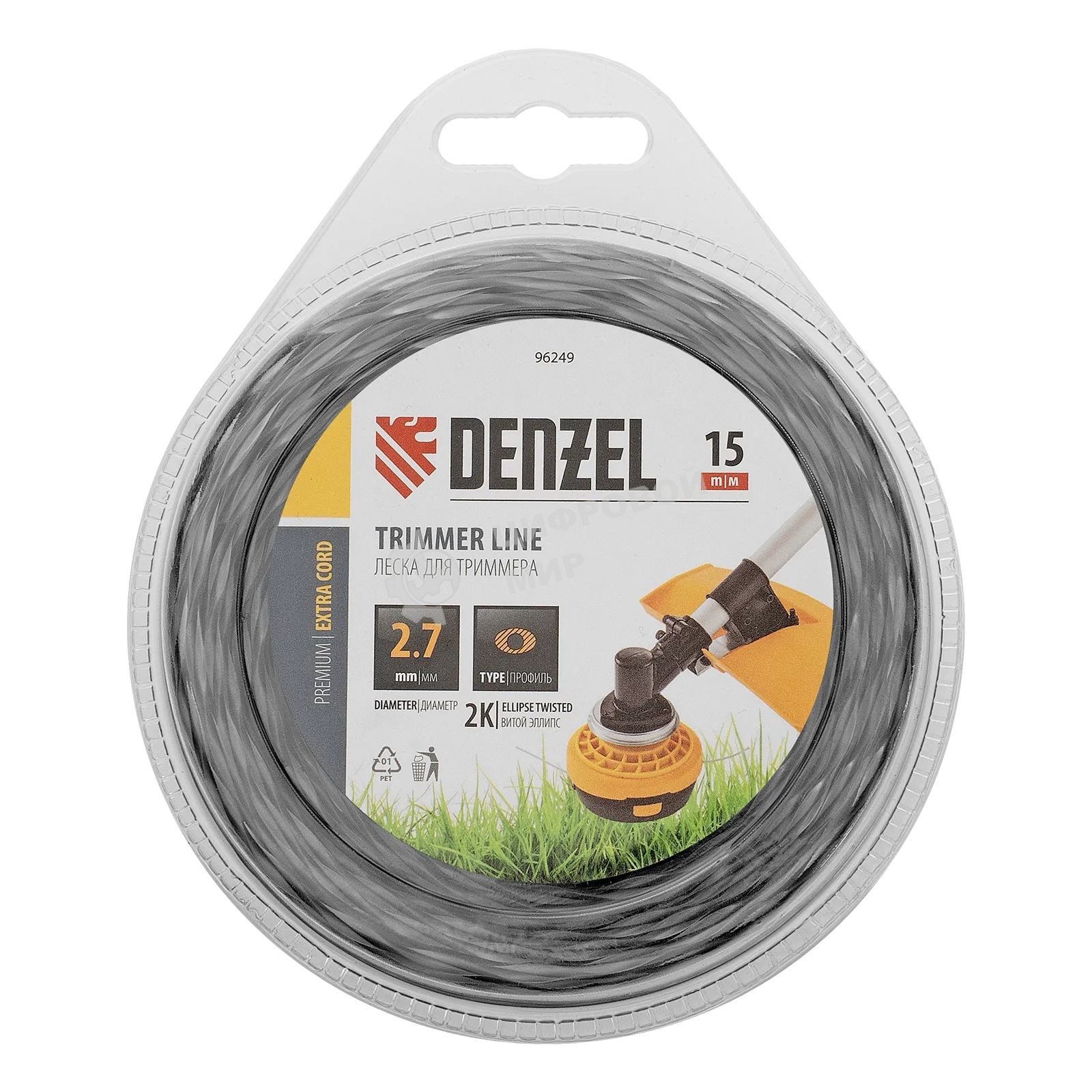 Леска для триммера Denzel двухкомпонентная эллипс, 2,7мм х 15м, блистер EXTRA CORD