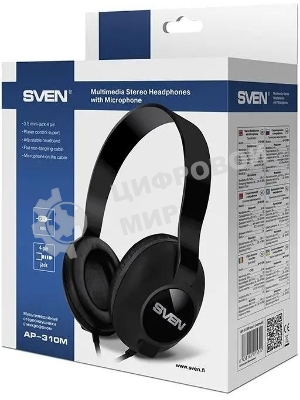 Проводные наушники SVEN AP-310M черный, накладные, jack 3.5 мм, встроенный микрофон