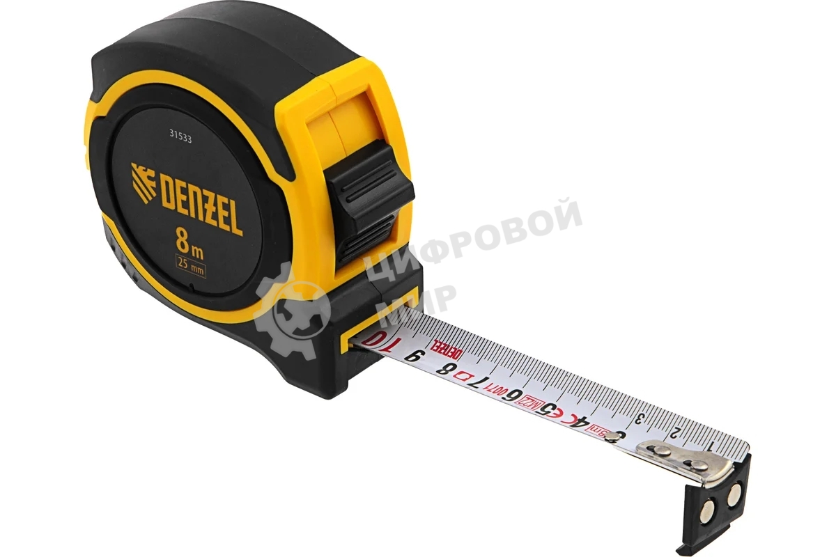 Рулетка Denzel 8м х 25мм, двухкомп. корпус, магнитный обрезиненный зацеп
