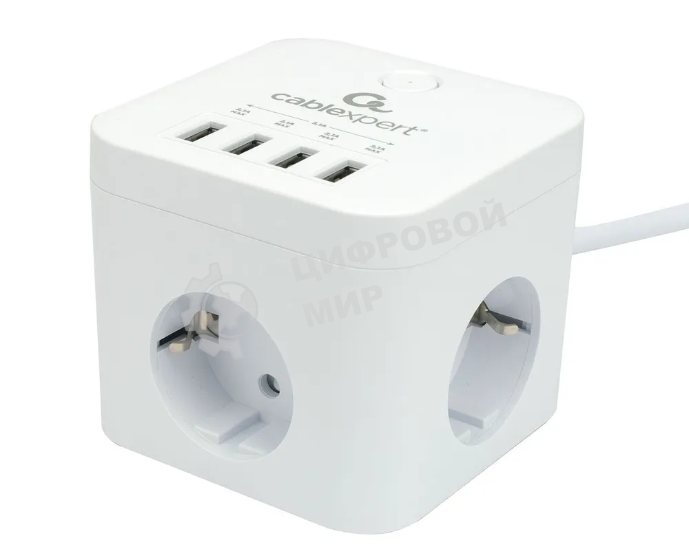 Сетевой фильтр Cablexpert Cube CUBE-3-U4-W-1.5, 3 р, 10А, 4хUSB, 1.5 м, ур.защиты 4+, белый, коробка