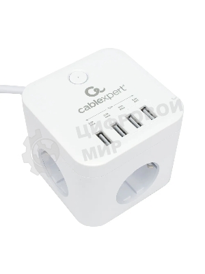 Сетевой фильтр Cablexpert Cube CUBE-3-U4-W-1.5, 3 р, 10А, 4хUSB, 1.5 м, ур.защиты 4+, белый, коробка