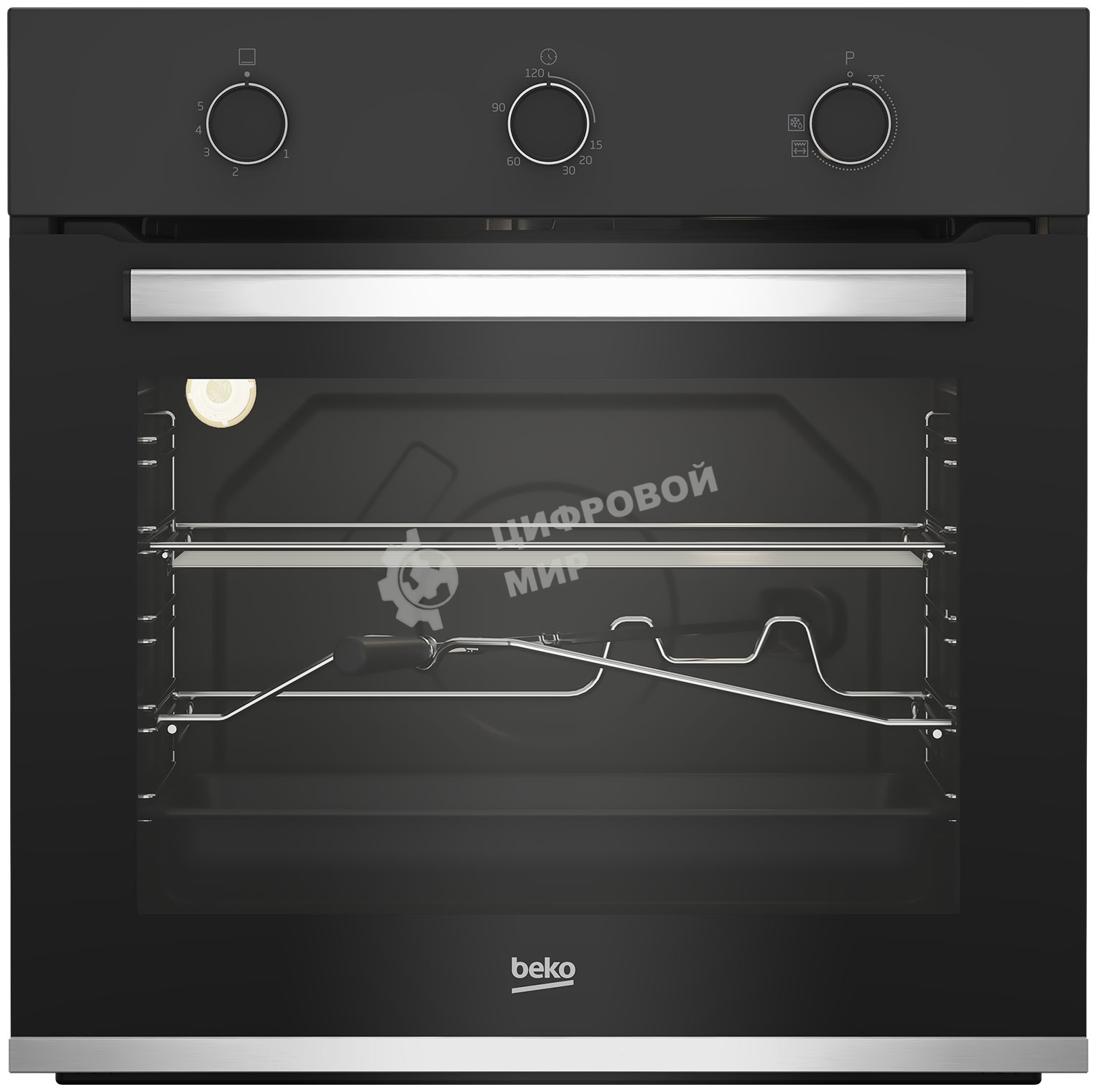 Газовый духовой шкаф Beko BBIH12100BC с откидным электрическим грилем и конвекцией; автоматический электроподжиг; поворотные переключатели; металлические направляющие; объем - 72л; 3 стекла дверцы; 1 решетка; 1 противень; вертел. Цвет черный; Материал панели управления Металл	черный