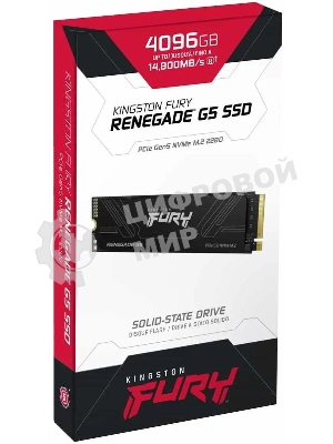 Накопитель SSD Kingston Fury Renegade, 4096Gb, M.2(22x80мм), NVMe, PCIe 5.0 x4, 3D TLC, R/W 14800/14000MB/s, IOPs 2 200 000/2 200 000, TbW 4000, DWPD 0.5 (12 мес)