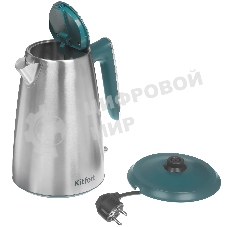 Чайник электрический Kitfort КТ-8725 1.7 л, 2200 Вт, нержавеющая сталь/бирюзовый корпус: нерж.сталь/пластик
