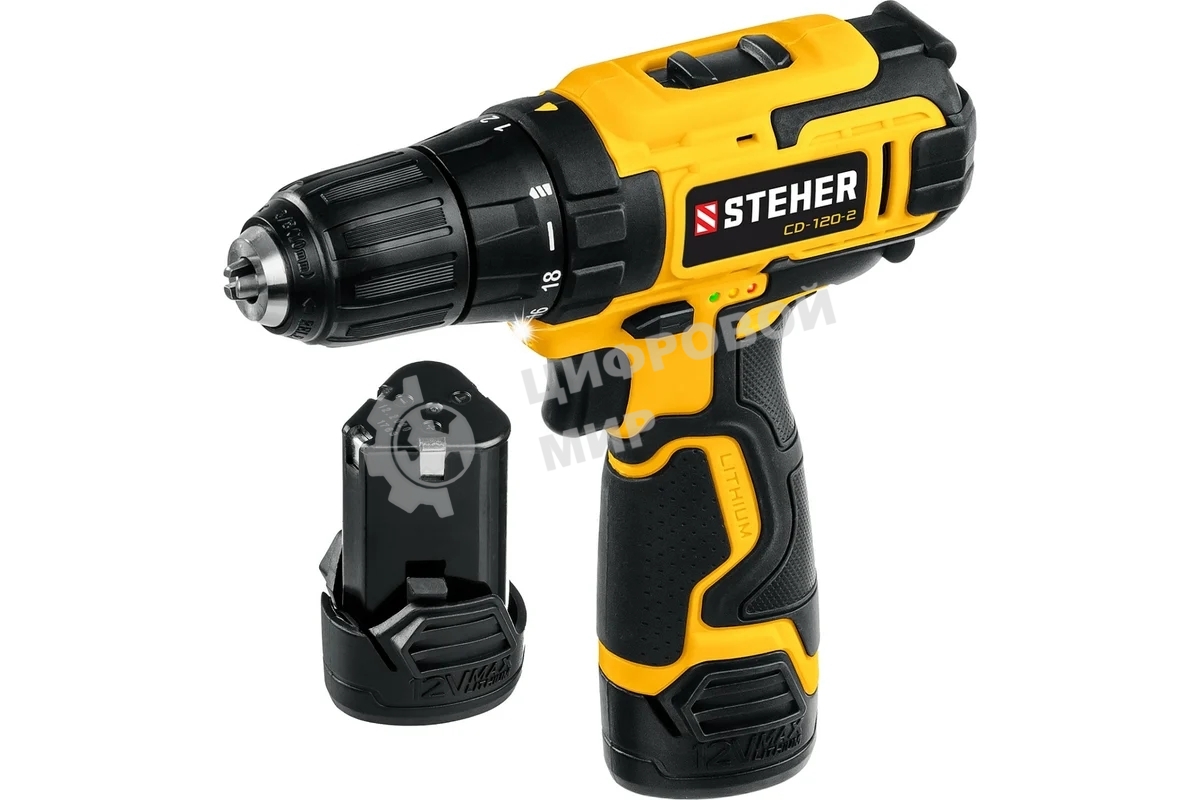 Дрель-шуруповерт аккумуляторная STEHER CD-120-2, Аккумуляторная, 12В, 2 АКБ, Кейс