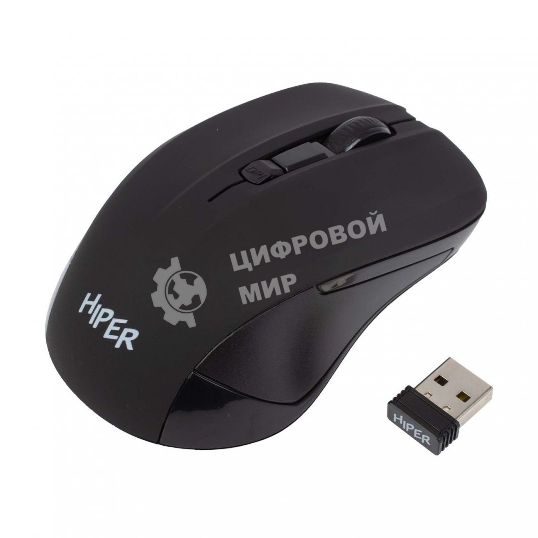 Мышь беспроводная HIPER HOMW-101, 1000-1600 dpi, оптический, 4 кнопки, Soft-touch покрытие, USB-приемник, 2,4 ГГц, батарея 1хАА, черный (HOMW-101)