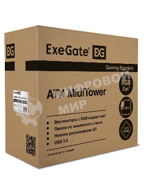 Компьютерный корпус Miditower ExeGate EVO-8243 (ATX, без БП, 2хUSB+1хUSB 3.0, черный, 3 вент. с RGb подсветкой, боковая панель - закаленное стекло)