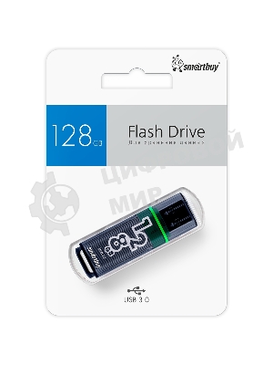 Флешка USB SmartBuy Glossy Dark Grey (SB128GbGS-DG), 128Gb, USB 3.0/3.1, R/W 75/25, черный/зеленый