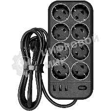 Сетевой фильтр Powercom SP-08 USB03AB 1,8 m 1.8м, 8 розеток, черный, коробка