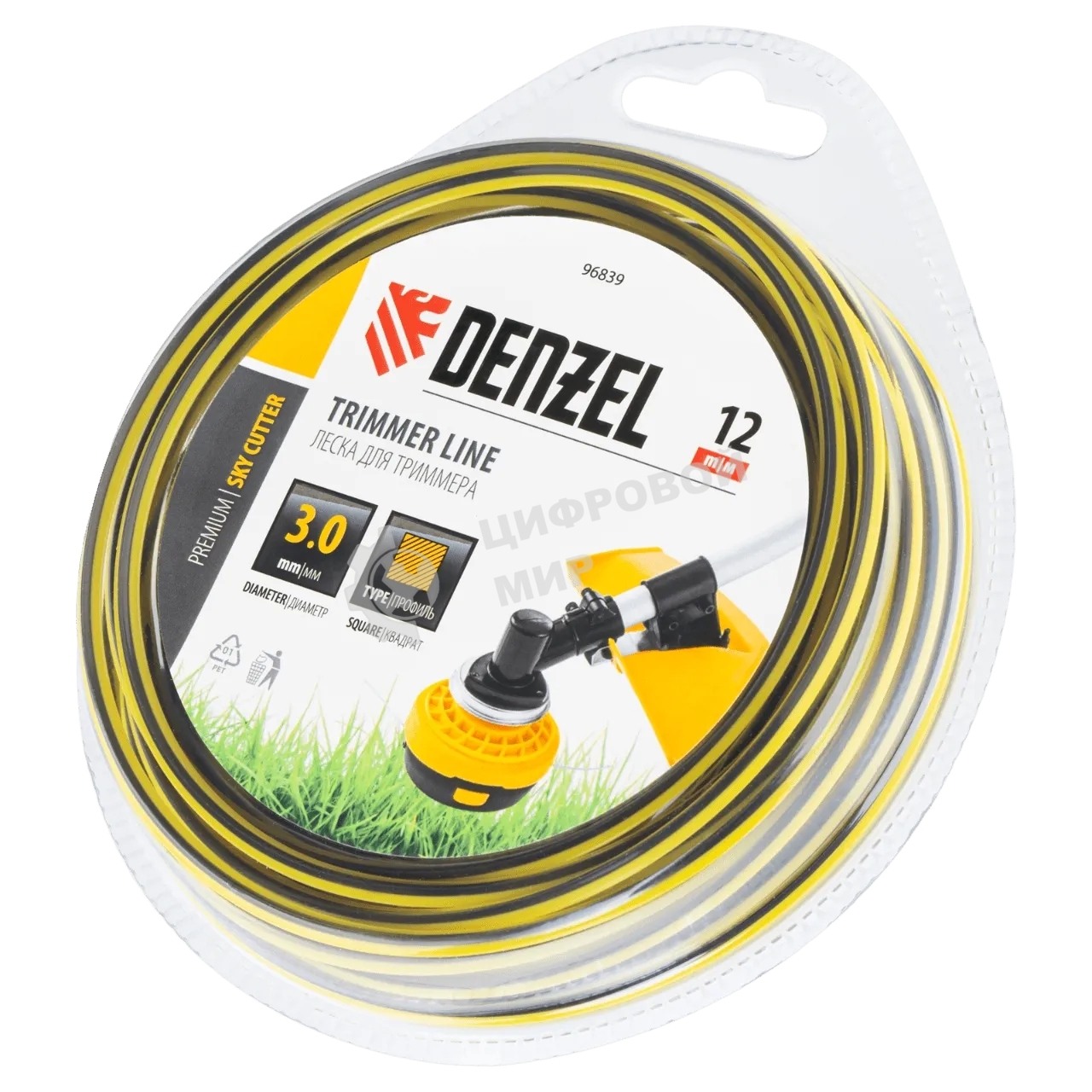 Леска для триммера Denzel двухкомпонентная квадратная, 3,0 мм х 12 м, блистер SkyCutter