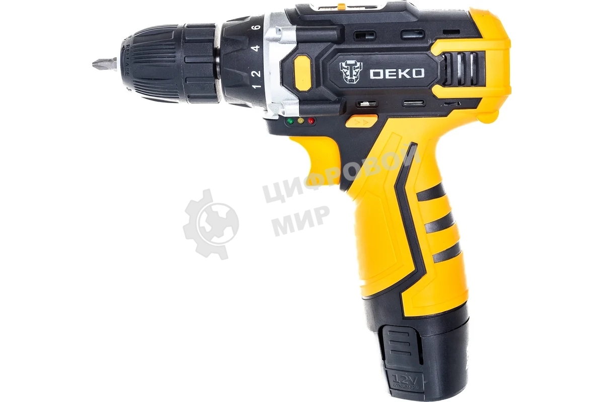 Дрель-шуруповерт Deko DKCD12FU-Li, 12 В, 2 Ач, 28 Нм, щеточный
