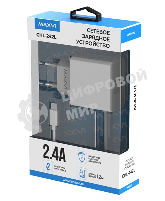 Сетевое зарядное устройство Maxvi CHL-242L 2хUSB 2.4A + литой кабель Lightning 1.2м, белый