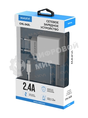 Сетевое зарядное устройство Maxvi CHL-242L 2хUSB 2.4A + литой кабель Lightning 1.2м, белый