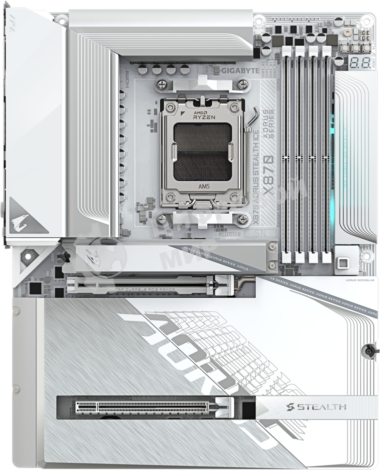 Материнская плата Gigabyte X870 AORUS STEALTH ICE, AM5, AMD X870, 4xDDR5, 2xSATA, 4xM.2, 1xPCIe 5.0 x16, 1xPCIe 4.0 x16, 1xHDMI, 1x5Gb LAN, Wi-Fi 7, Bluetooth 5.4, 2xUSB-C 40Gbps (USB4), 1xUSB-C 10Gbps, 4xUSB-A 10Gbps, 4xUSB-A 5Gbps, 4xUSB-A 2.0, 3x3.5 мм + S/PDIF оптический, 7.1, ATX
