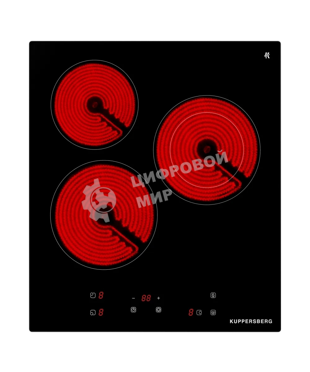 Варочная панель Kuppersberg, Hi-Light, High-Tech, 45 см, сенсорное управление, прямые края, таймер, автоматическое отключение, индикация остаточного тепла, черный